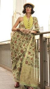 Moss Green Floral Pattern With Zari Weaved Pallu Zari Tissue Saree